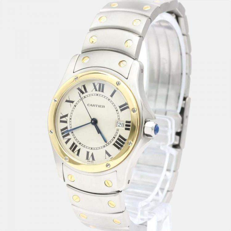 Pre Owned Cartier Silver 18k Yellow Gold And Stainless Steel Santos Ronde Quartz Women's Wristwatch 30 mm