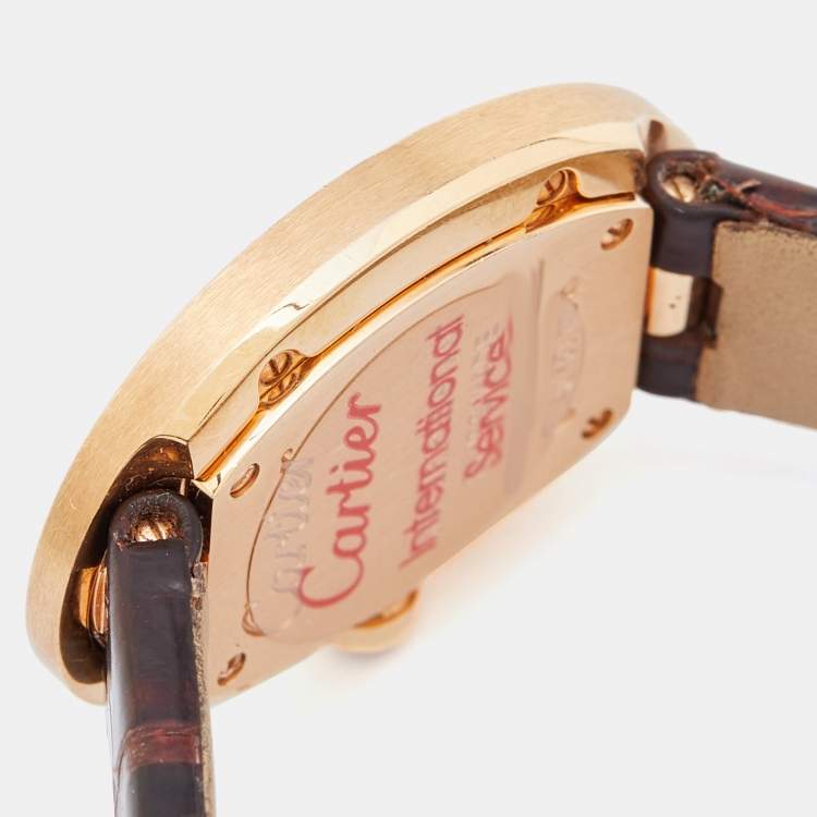 Pre Owned Cartier Silver 18K Rose Gold Alligator Leather Baignoire W8000007 Women's Wristwatch 23.10 mm