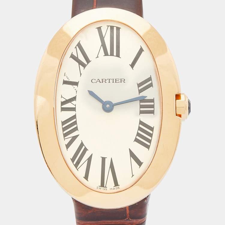 Pre Owned Cartier Silver 18K Rose Gold Alligator Leather Baignoire W8000007 Women's Wristwatch 23.10 mm