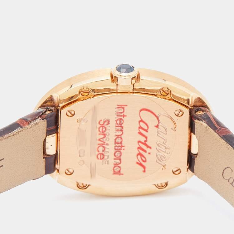 Pre Owned Cartier Silver 18K Rose Gold Alligator Leather Baignoire W8000007 Women's Wristwatch 23.10 mm