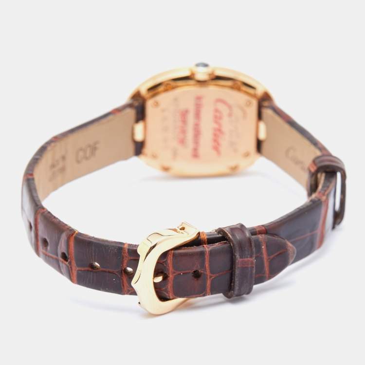 Pre Owned Cartier Silver 18K Rose Gold Alligator Leather Baignoire W8000007 Women's Wristwatch 23.10 mm
