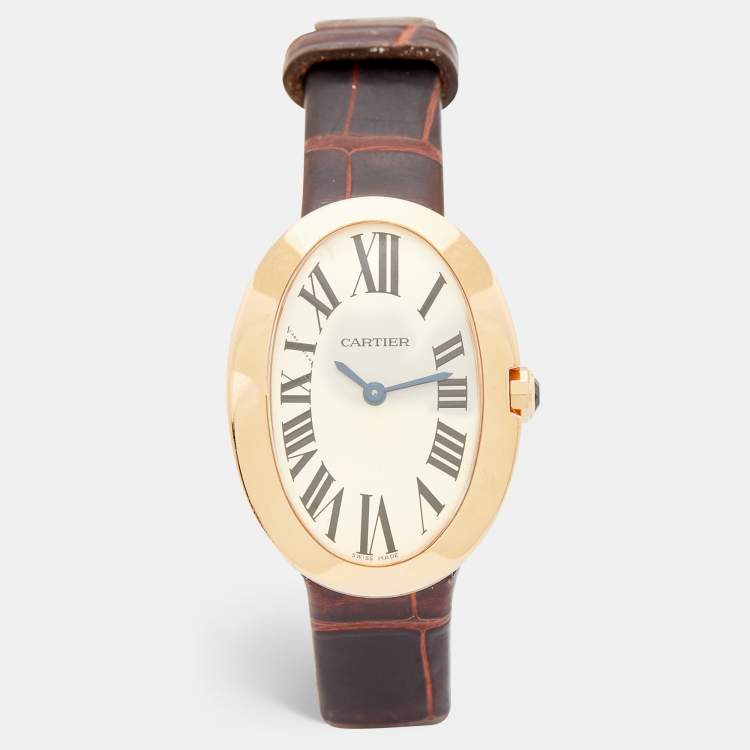 Pre Owned Cartier Silver 18K Rose Gold Alligator Leather Baignoire W8000007 Women's Wristwatch 23.10 mm