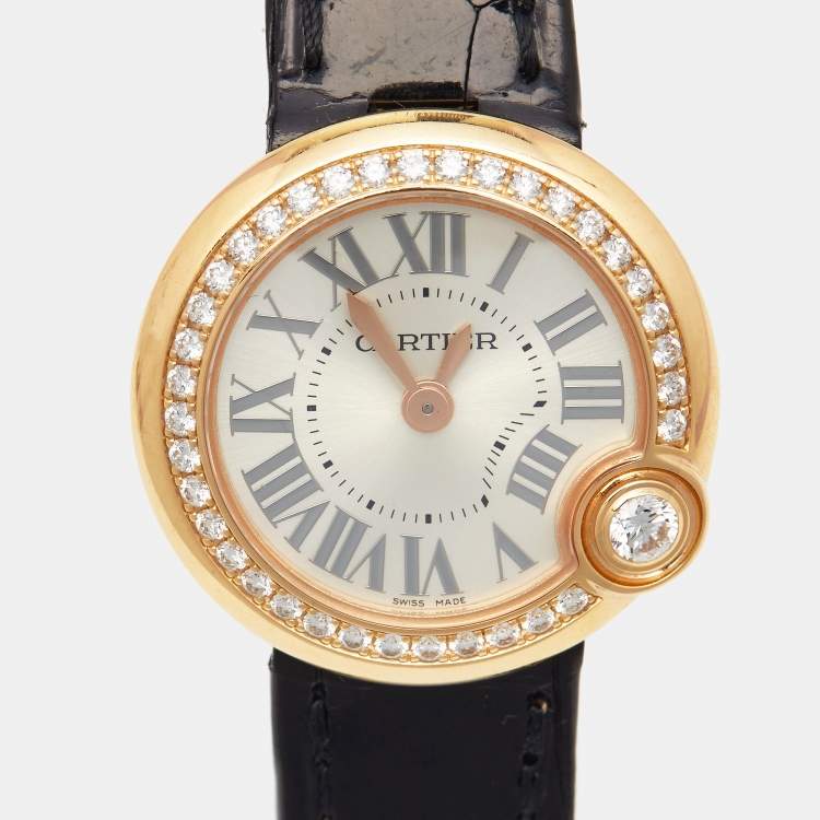 Pre Owned Cartier Silver 18K Rose Gold Alligator Leather Diamond Ballon Blanc WJBL0004 Women's Wristwatch 26.10 mm