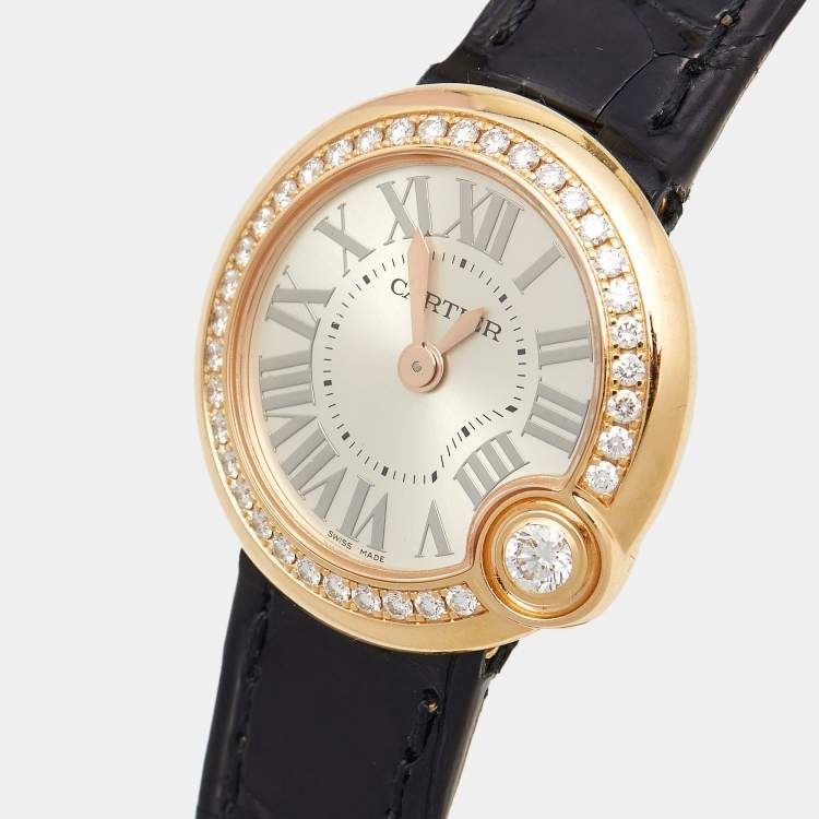 Pre Owned Cartier Silver 18K Rose Gold Alligator Leather Diamond Ballon Blanc WJBL0004 Women's Wristwatch 26.10 mm