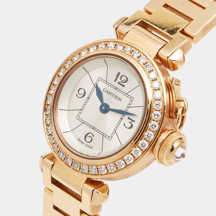 Pre Owned Cartier Silver 18k Rose Gold Diamond Miss Pasha WJ124013 Women's Wristwatch 27 mm