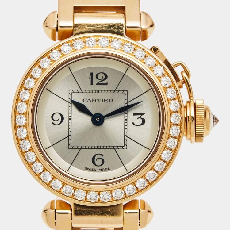 Pre Owned Cartier Silver 18k Rose Gold Diamond Miss Pasha WJ124013 Women's Wristwatch 27 mm