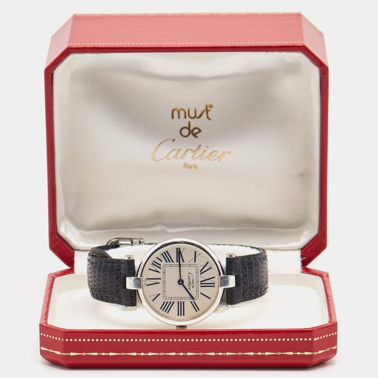 Pre Owned Cartier Silver 925 Silver Leather Must De Cartier 1860 Women's Wristwatch 30 mm