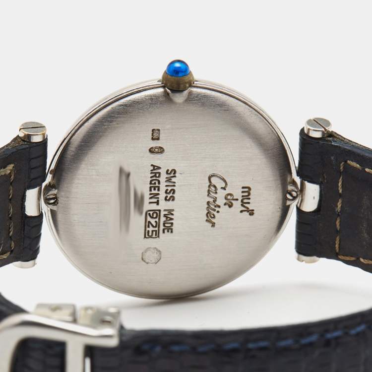 Pre Owned Cartier Silver 925 Silver Leather Must De Cartier 1860 Women's Wristwatch 30 mm