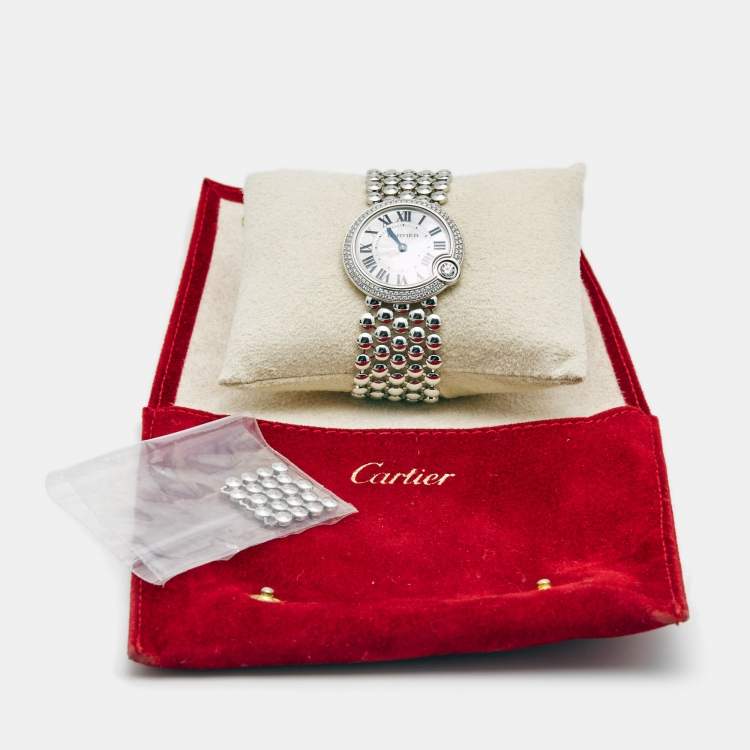 Pre Owned Cartier Mother Of Pearl 18k White Gold Diamonds Ballon Blanc De Cartier WE902072 Women's Wristwatch 30 mm