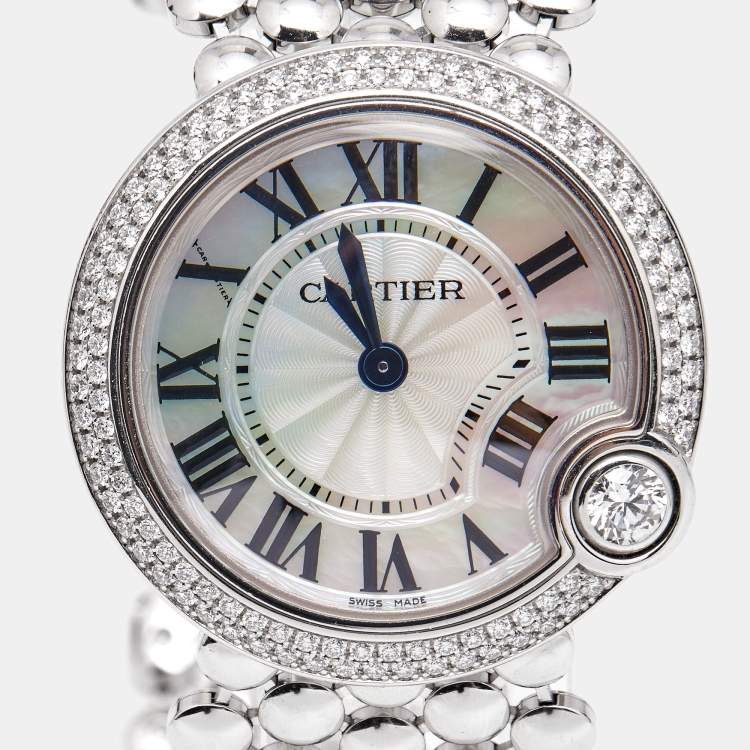 Pre Owned Cartier Mother Of Pearl 18k White Gold Diamonds Ballon Blanc De Cartier WE902072 Women's Wristwatch 30 mm