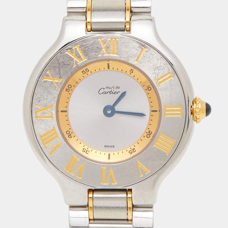 Pre Owned Cartier Silver 18k Yellow Gold Stainless Steel Must 21 1340 Women's Wristwatch 28 mm