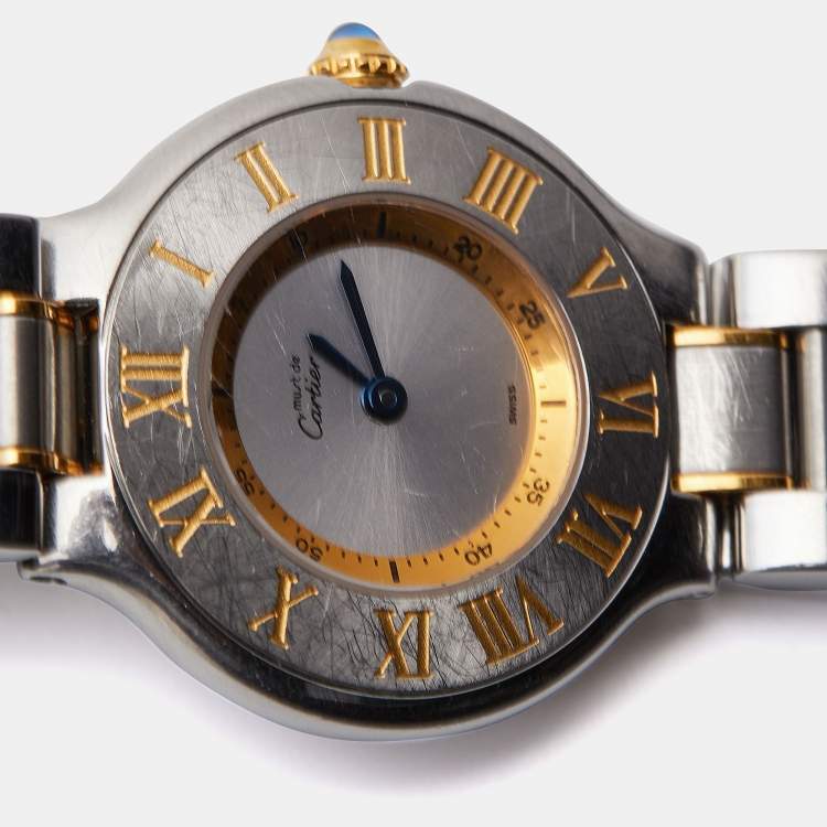 Pre Owned Cartier Silver 18k Yellow Gold Stainless Steel Must 21 1340 Women's Wristwatch 28 mm