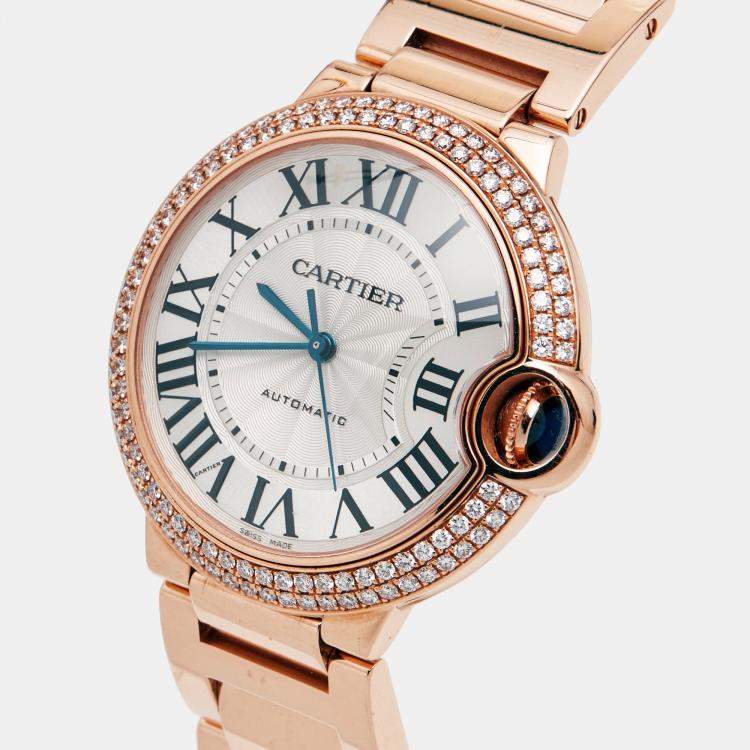 Pre Owned Cartier Silver Diamond 18K Rose Gold Ballon Bleu WJBB0005 Automatic Women's Wristwatch 36MM