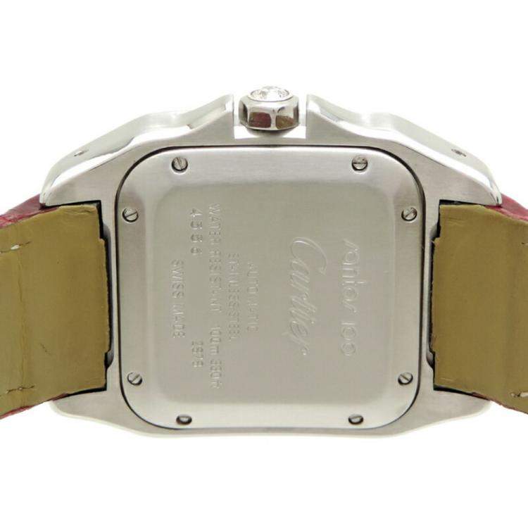 Pre Owned Cartier Silver Diamonds Stainless Steel Santos 100 W20126X8 Women's Wristwatch 33 mm