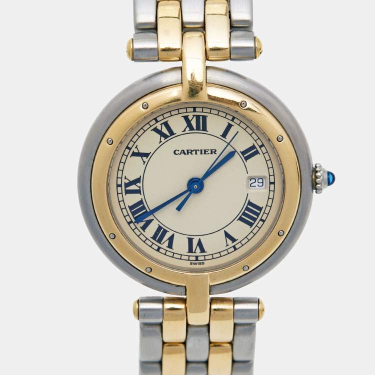 Pre Owned Cartier White 18k Yellow Gold And Stainless Steel Panthere 183964 Women's Wristwatch 30 mm