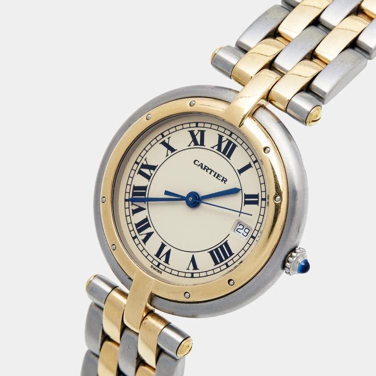 Pre Owned Cartier White 18k Yellow Gold And Stainless Steel Panthere 183964 Women's Wristwatch 30 mm