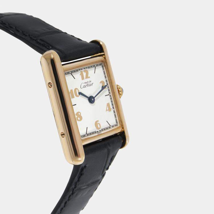 Pre Owned Cartier White Yellow Gold Plated Stainless Steel Must Tank Vermeil 160680 Women's Wristwatch 20.5 mm