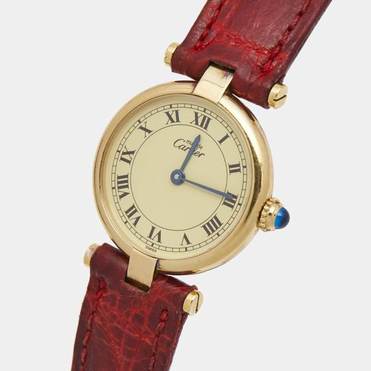 Pre Owned Cartier Gold Vermiel Must De Cartier 590004 Leather Women's Wristwatch 24 mm