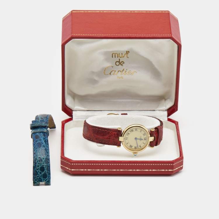 Pre Owned Cartier Gold Vermiel Must De Cartier 590004 Leather Women's Wristwatch 24 mm