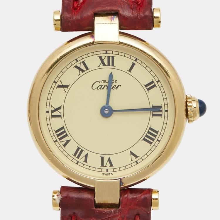 Pre Owned Cartier Gold Vermiel Must De Cartier 590004 Leather Women's Wristwatch 24 mm