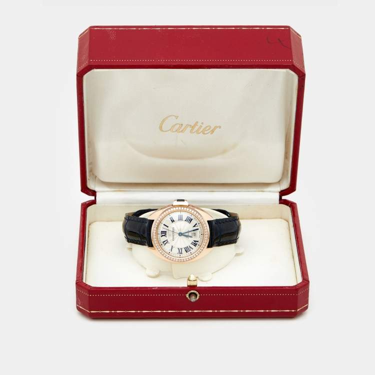 Pre Owned Cartier Silver Diamond 18K Rose Gold Alligator Leather Clé de Cartier WJCL0047 Women's Wristwatch 31 mm