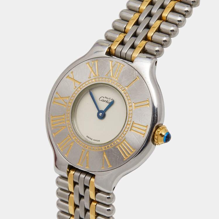 Pre Owned Cartier Cream 18k Yellow Gold Stainless Steel Must 21 Women's Wristwatch 28 mm 
