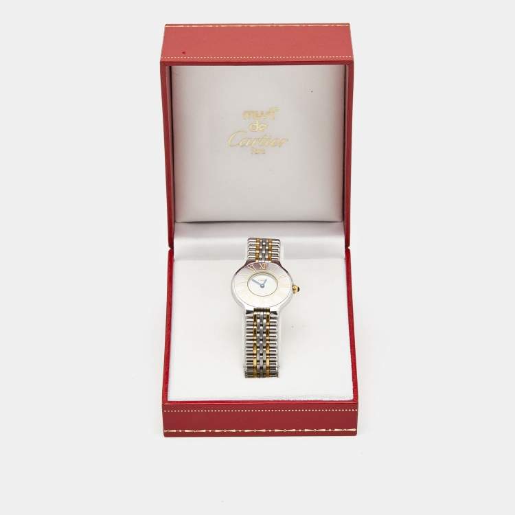 Pre Owned Cartier Cream 18k Yellow Gold Stainless Steel Must 21 Women's Wristwatch 28 mm 