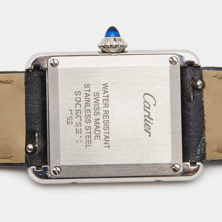 Pre Owned Cartier Silver Stainless Steel Leather Tank WSTA0042 Women's Wristwatch 22 mm 