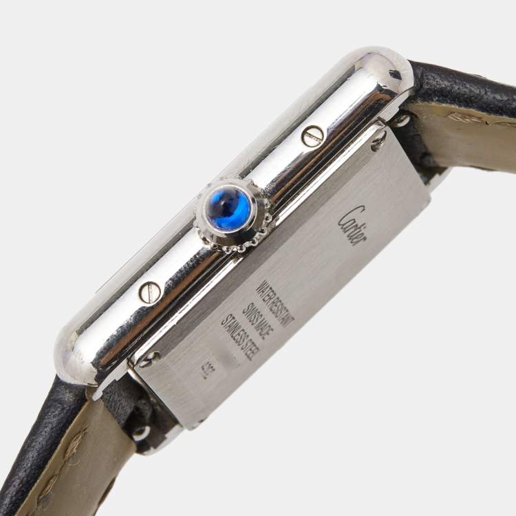 Pre Owned Cartier Silver Stainless Steel Leather Tank WSTA0042 Women's Wristwatch 22 mm 