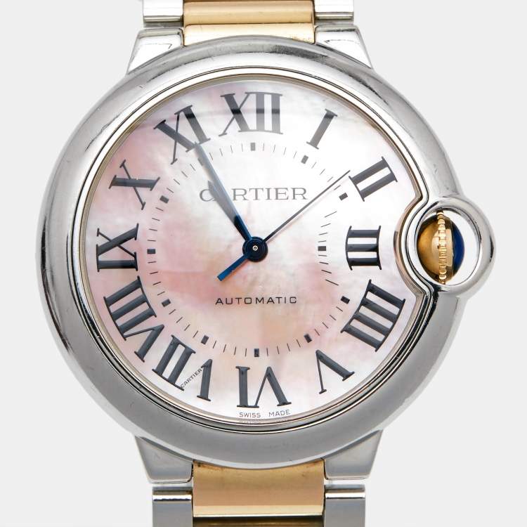 Pre Owned Cartier Pink Mother Of Pearl 18K Rose Gold Stainless Steel Ballon Bleu 3284 Women's Wristwatch 36 mm