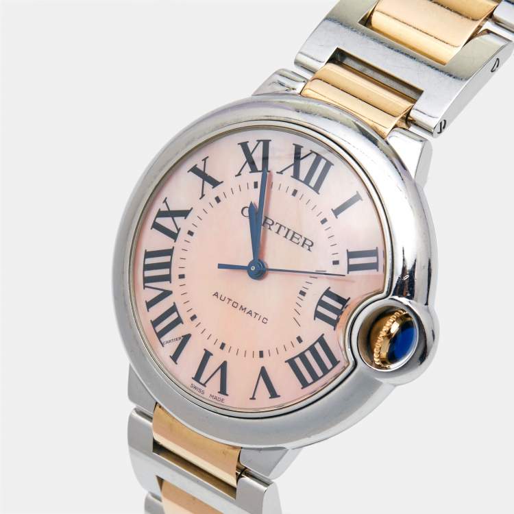 Pre Owned Cartier Pink Mother Of Pearl 18K Rose Gold Stainless Steel Ballon Bleu 3284 Women's Wristwatch 36 mm