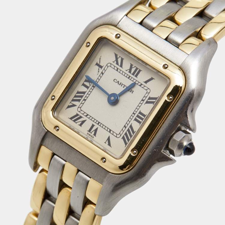 Pre Owned Cartier Cream 18K Yellow Gold Stainless Panthere 112000R Women's Wristwatch 23 mm