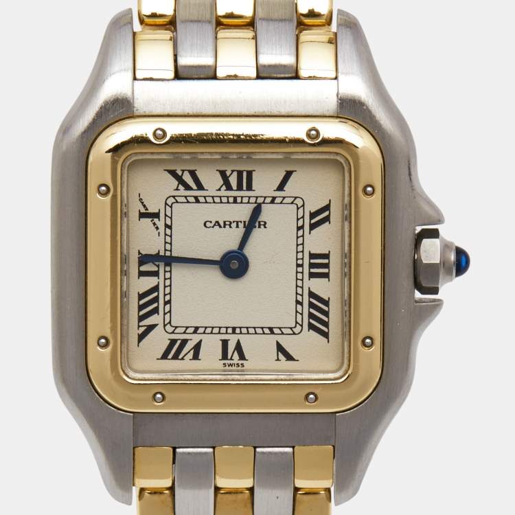 Pre Owned Cartier Cream 18K Yellow Gold Stainless Panthere 112000R Women's Wristwatch 23 mm