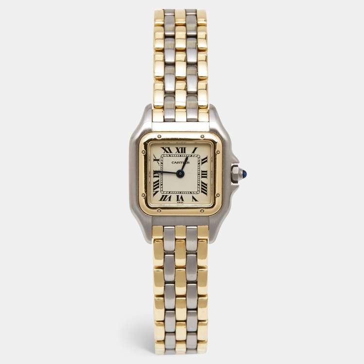 Pre Owned Cartier Cream 18K Yellow Gold Stainless Panthere 112000R Women's Wristwatch 23 mm