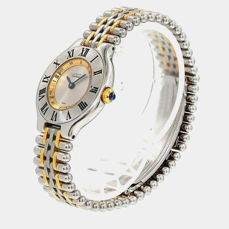 Pre Owned Cartier Silver Yellow Gold Plated Stainless Steel Must 21 Quartz Women's Wristwatch 28 mm