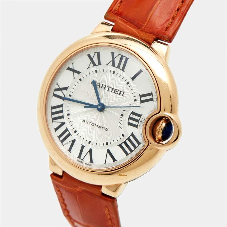 Pre Owned Cartier Silver 18K Rose Gold Alligator Leather Ballon Bleu 3003 Women's Wristwatch 36 MM