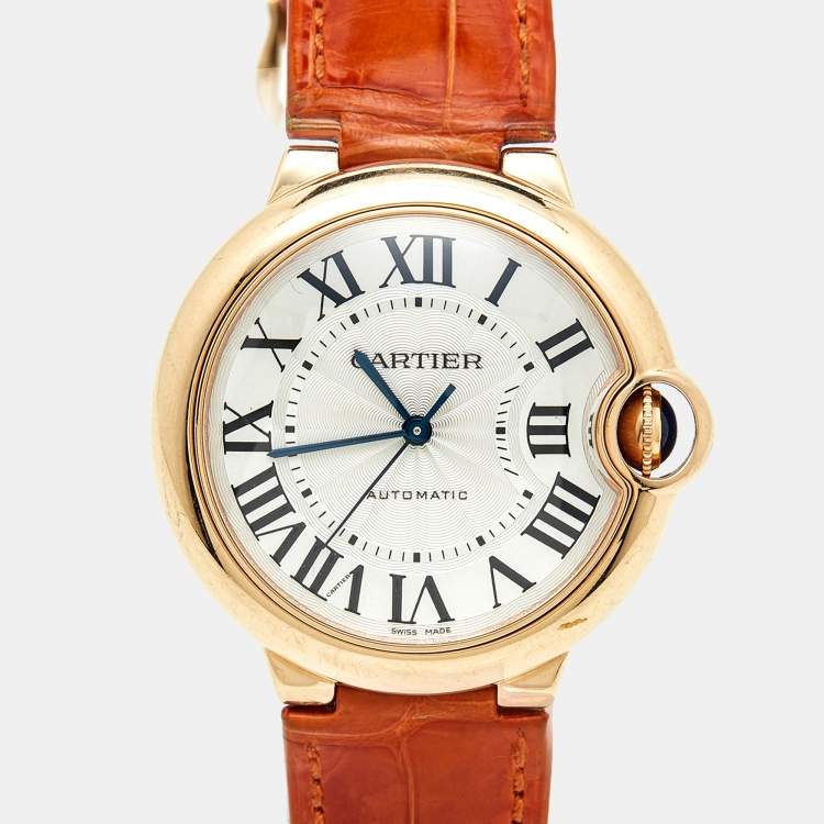 Pre Owned Cartier Silver 18K Rose Gold Alligator Leather Ballon Bleu 3003 Women's Wristwatch 36 MM