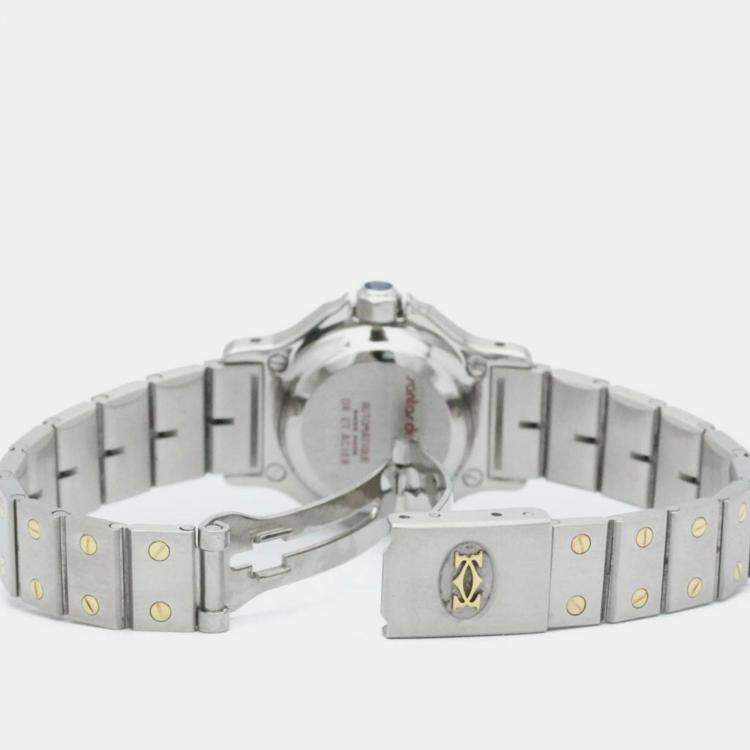 Pre Owned Cartier White 18K Yellow Gold And Stainless Steel Santos Octagon Automatic Women's Wristwatch 24 mm