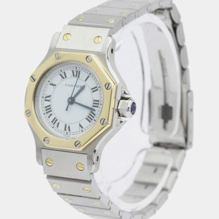 Pre Owned Cartier White 18K Yellow Gold And Stainless Steel Santos Octagon Automatic Women's Wristwatch 24 mm