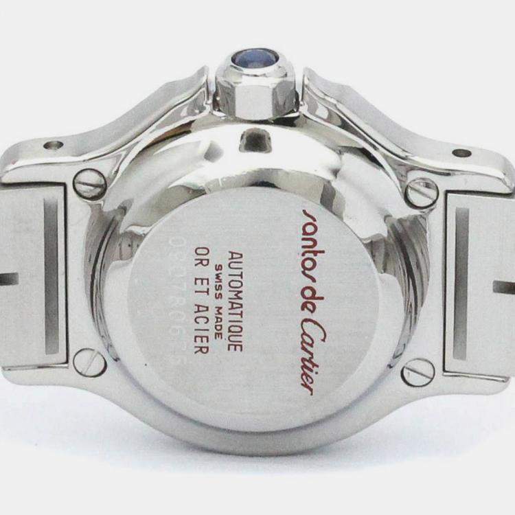 Pre Owned Cartier White 18K Yellow Gold And Stainless Steel Santos Octagon Automatic Women's Wristwatch 24 mm