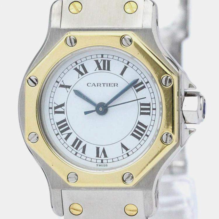 Pre Owned Cartier White 18K Yellow Gold And Stainless Steel Santos Octagon Automatic Women's Wristwatch 24 mm