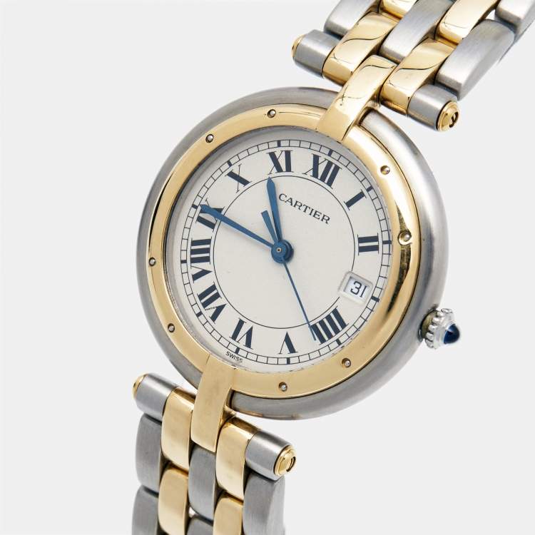 Pre Owned Cartier White 18K Yellow Gold Stainless Steel Panthere Vendome 183964 Quartz Women's Wristwatch 30 mm