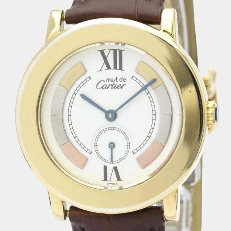Pre Owned Cartier White Yellow Gold Plated Must de Cartier Women's Wristwatch 32 mm