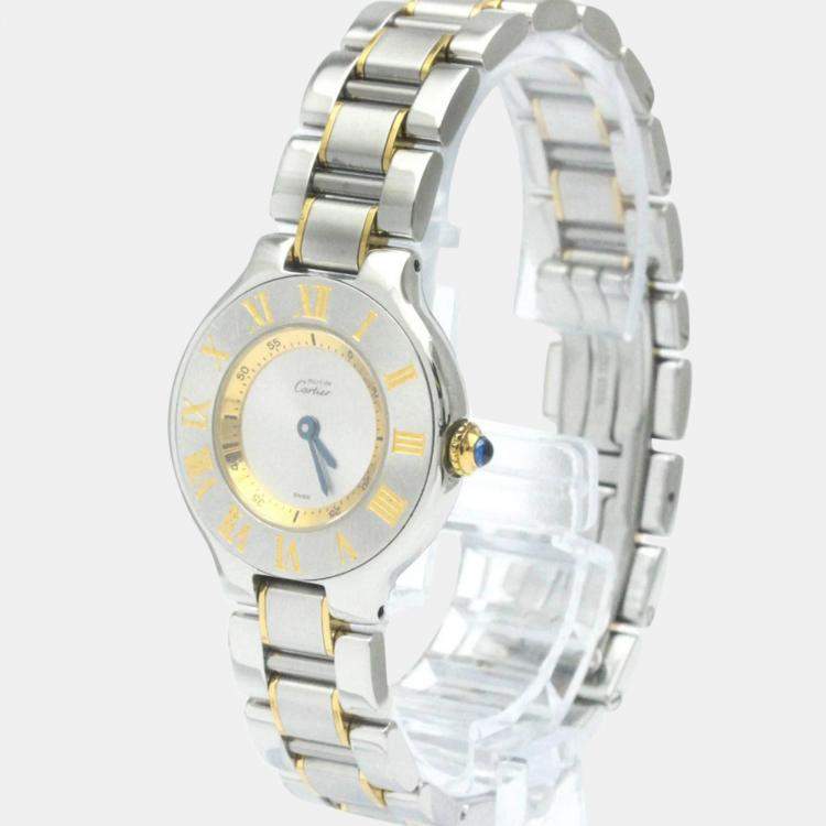 Pre Owned Cartier Silver Yellow Gold Plated Stainless Steel Must 21 de Cartier W10073R6 Women's Wristwatch 28 mm