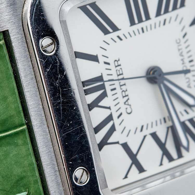 Pre Owned Cartier Silver White Stainless Steel Alligator Leather Santos 100 W20073X8 Men's Wristwatch 38 mm