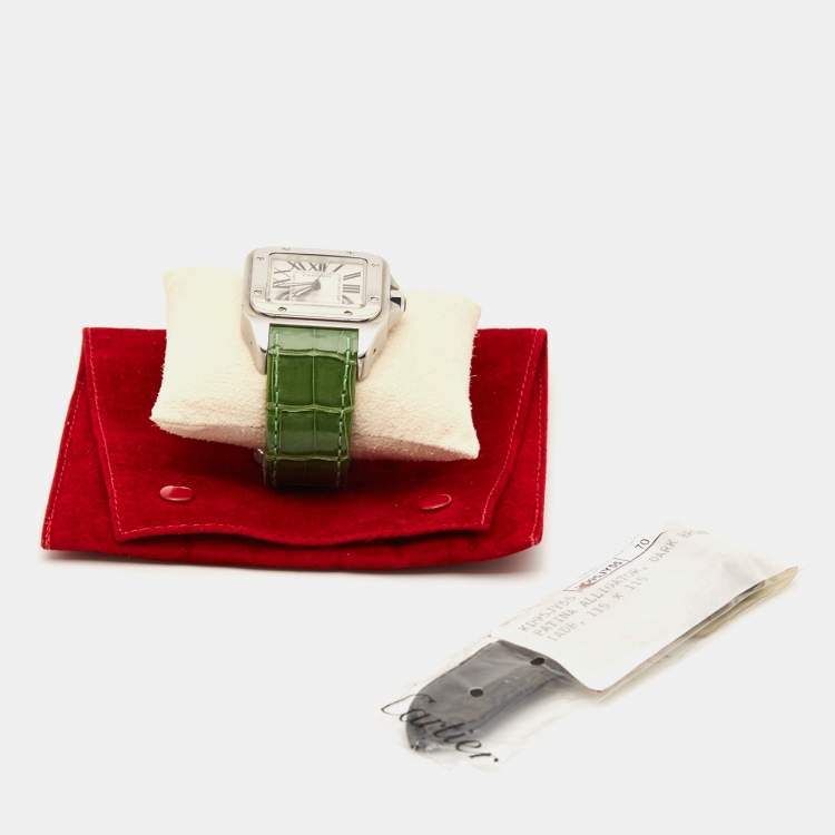 Pre Owned Cartier Silver White Stainless Steel Alligator Leather Santos 100 W20073X8 Men's Wristwatch 38 mm