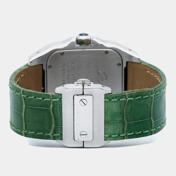 Pre Owned Cartier Silver White Stainless Steel Alligator Leather Santos 100 W20073X8 Men's Wristwatch 38 mm