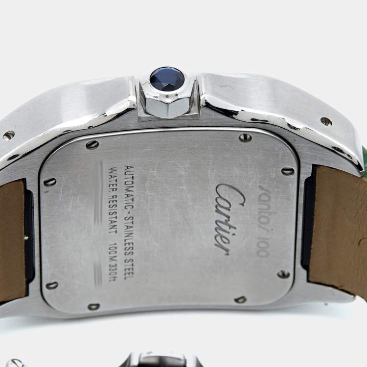 Pre Owned Cartier Silver White Stainless Steel Alligator Leather Santos 100 W20073X8 Men's Wristwatch 38 mm