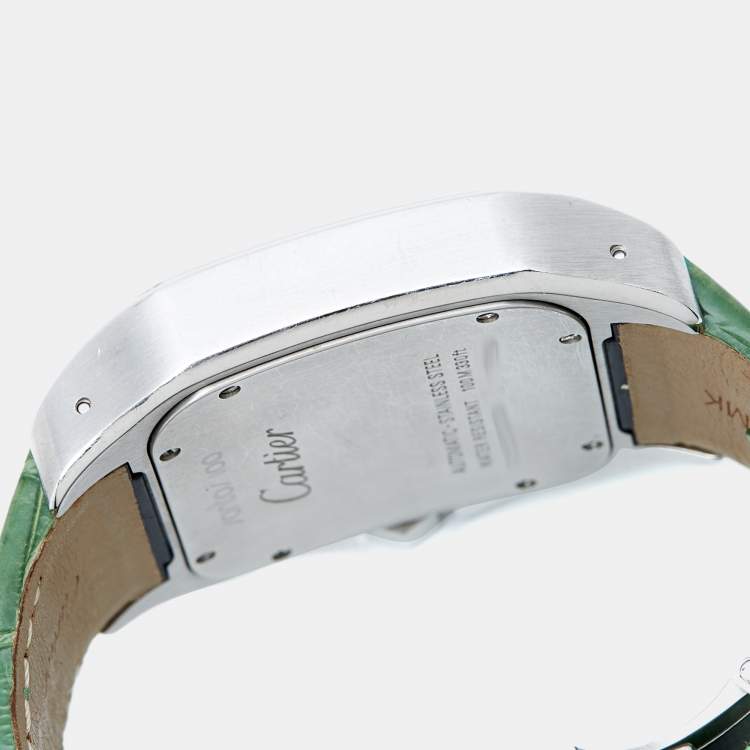 Pre Owned Cartier Silver White Stainless Steel Alligator Leather Santos 100 W20073X8 Men's Wristwatch 38 mm