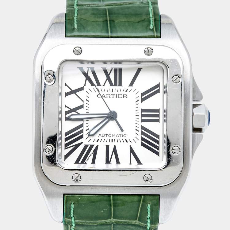 Pre Owned Cartier Silver White Stainless Steel Alligator Leather Santos 100 W20073X8 Men's Wristwatch 38 mm